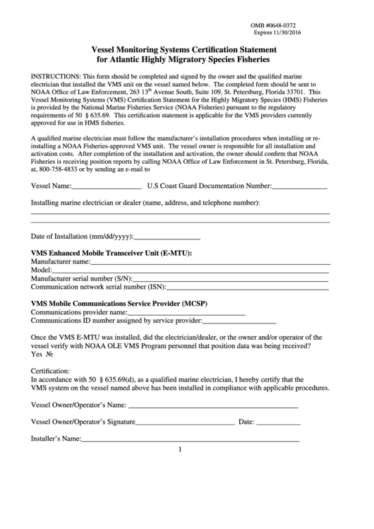 Vessel Monitoring Systems Certification Statement For Atlantic Highly Migratory Species Fisheries - Us Department Of Commerce Printable pdf