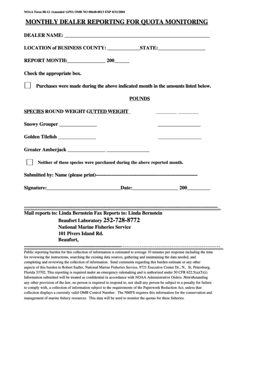 Fillable Noaa Form 88-12 - Monthly Dealer Reporting For Quota Monitoring Form Printable pdf