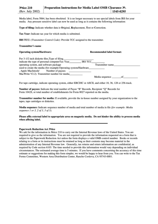 Notice 210 - Preparation Instructions For Media Label Printable pdf