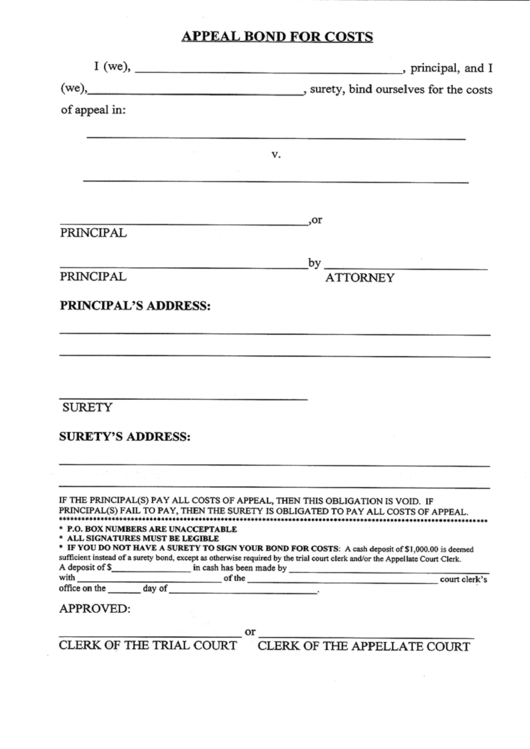 Appeal Bond For Costs Printable pdf
