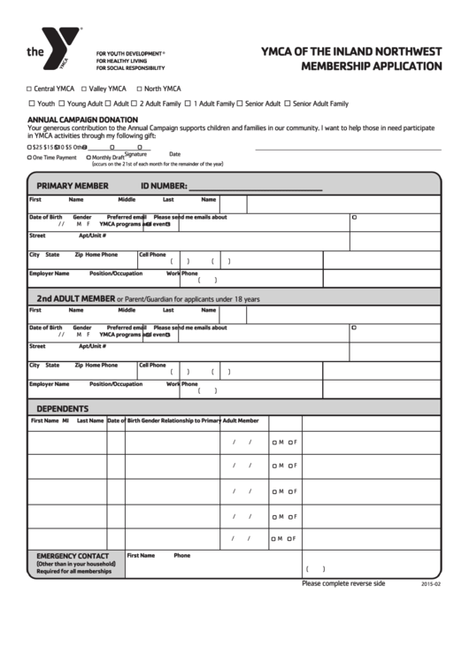 Ymca Of The Inland Northwest Membership Application Printable pdf