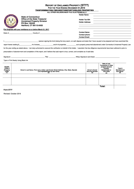 Form St77 - Report Of Unclaimed Property - 2016 Printable pdf