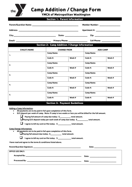 Camp Addition / Change Form - Ymca Of Metropolitan Washington Printable pdf