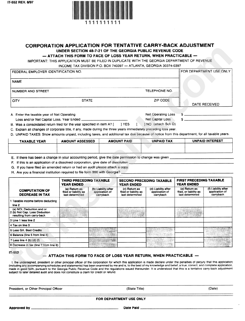 Form It-552 - Corporation Application For Tentative Carry-Back Adjustment
