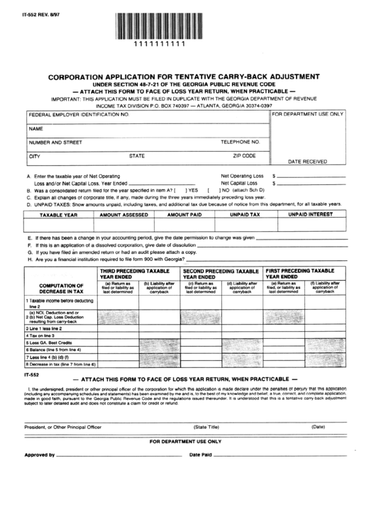 Fillable Form It-552 - Corporation Application For Tentative Carry-Back Adjustment Printable pdf