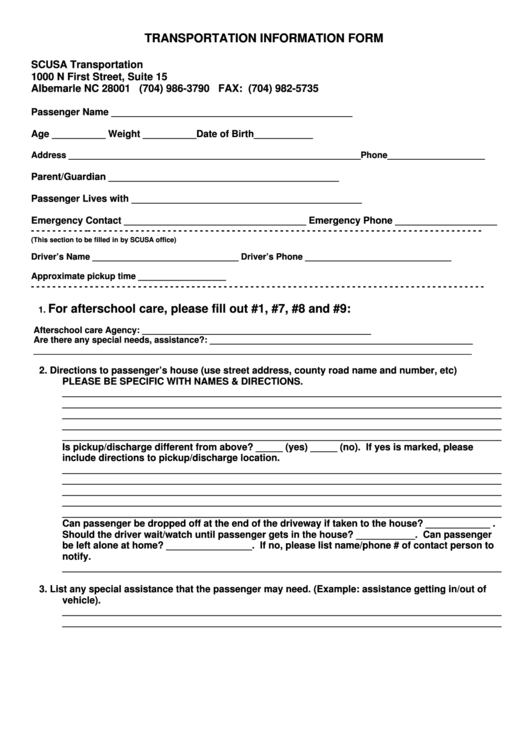 Transportation Information Form Printable pdf