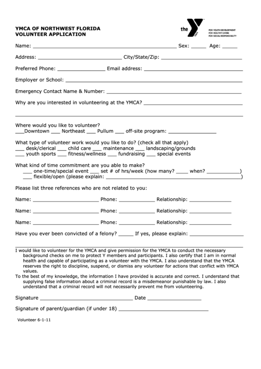 Volunteer Application - Ymca Of Northwest Florida Printable pdf