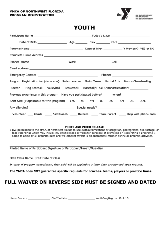 Youth - Program Registration - Ymca Of Northwest Florida Printable pdf