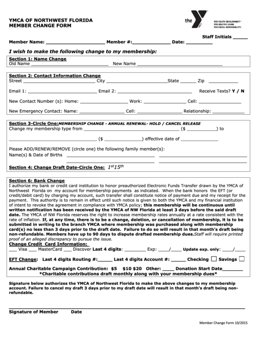 Member Change Form - Ymca Of Northwest Florida Printable pdf