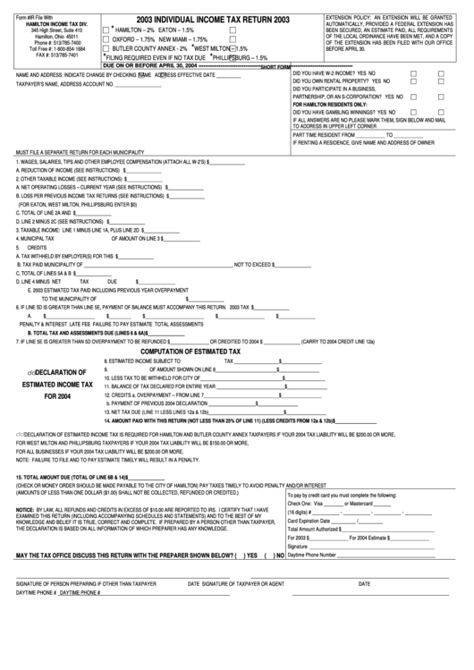 Form Ir - Individual Income Tax Return - 2003 Printable pdf