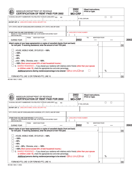 Form Mo-Crp - Certification Of Rent Paid For - 2002 Printable pdf