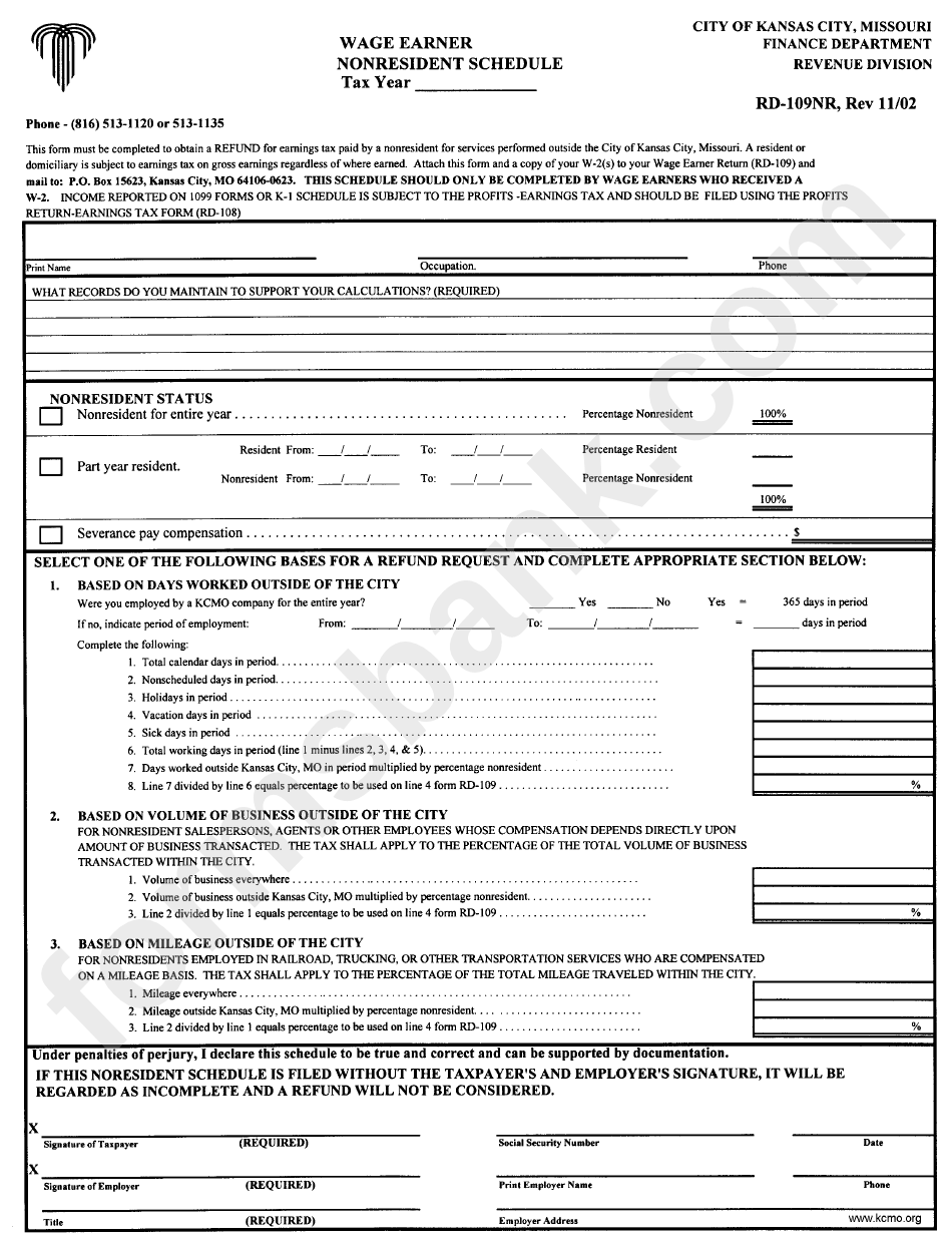 Form Rd-109nr - Wage Earner Nonresident Schedule