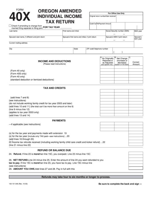 Form 40x - Oregon Amended Individual Income Tax Return Printable pdf