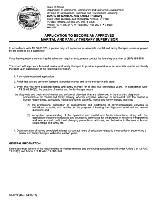 Form 08-4252 - Application To Become An Approved Marital And Family Therapy Supervisor Printable pdf
