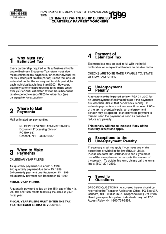 Instructions For Form Nh-1065-Es - Estimated Partnership Business Tax Quarterly Payment Vouchers - 1999 Printable pdf