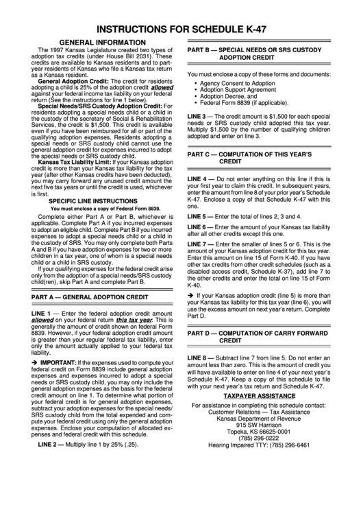 Instructions For Schedule K-47 - Kansas Department Of Revenue Printable pdf
