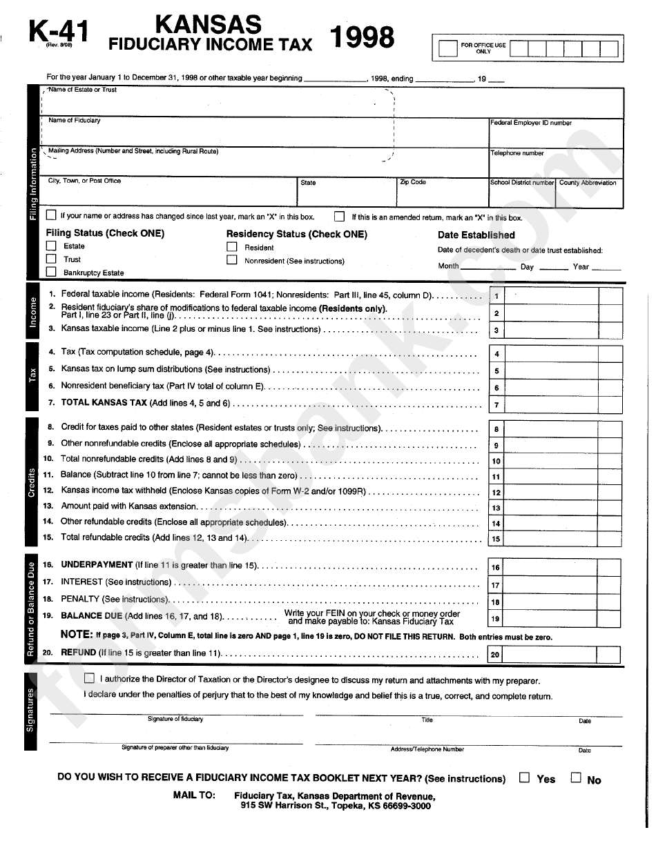 Fillable Form K-41 - Kansas Fiduciary Income Tax - 1998 printable pdf download