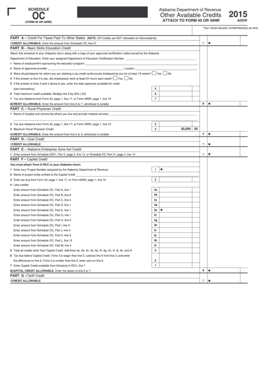 Schedule Oc - Attach To Form 40 Or 40nr - Other Available Credits - Alabama Department Of Revenue - 2015 Printable pdf