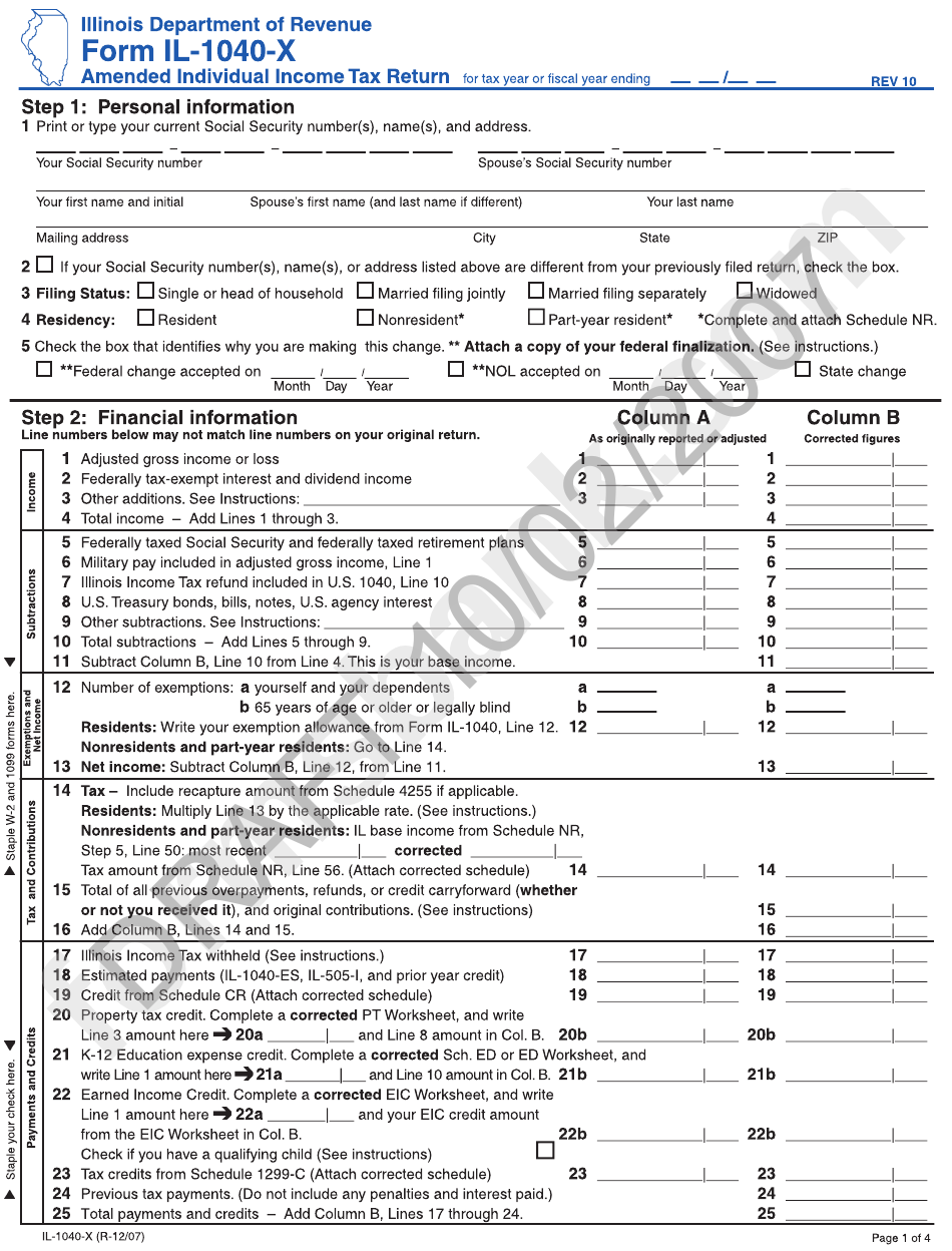 Form Il-1040-X Draft - Amended Individual Income Tax Return