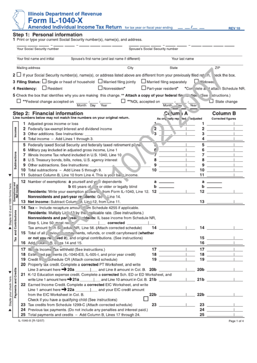 Form Il-1040-X Draft - Amended Individual Income Tax Return Printable pdf