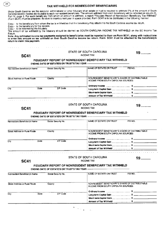 Fillable Form Sc 41 - Tax Withheld For Nonresident Beneficiaries Printable pdf