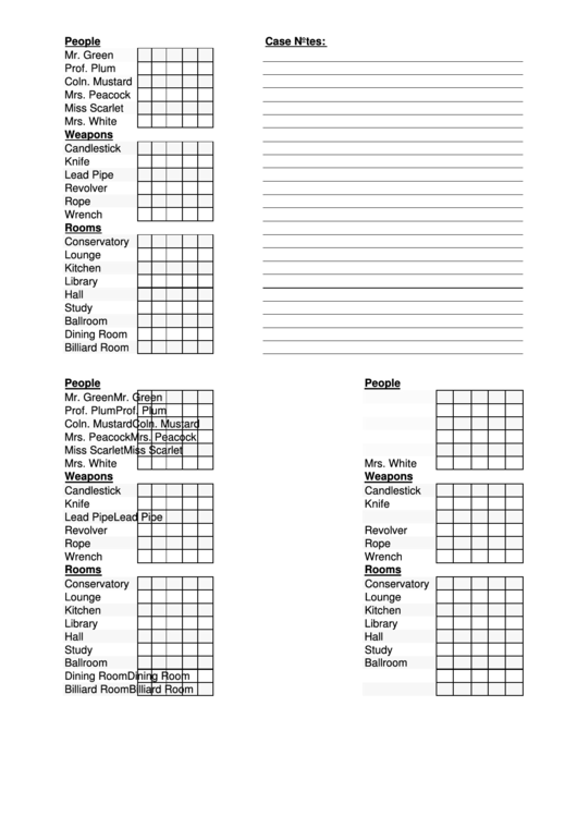 Clue Game Sheet Printable pdf