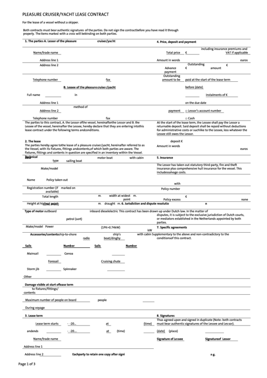 Pleasure Cruiser/yacht Lease Contract Printable pdf