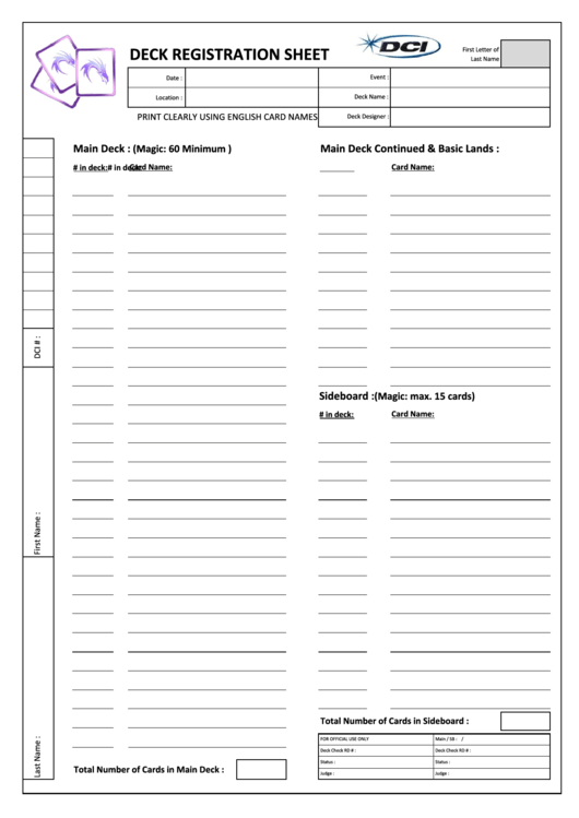 Deck Registration Sheet