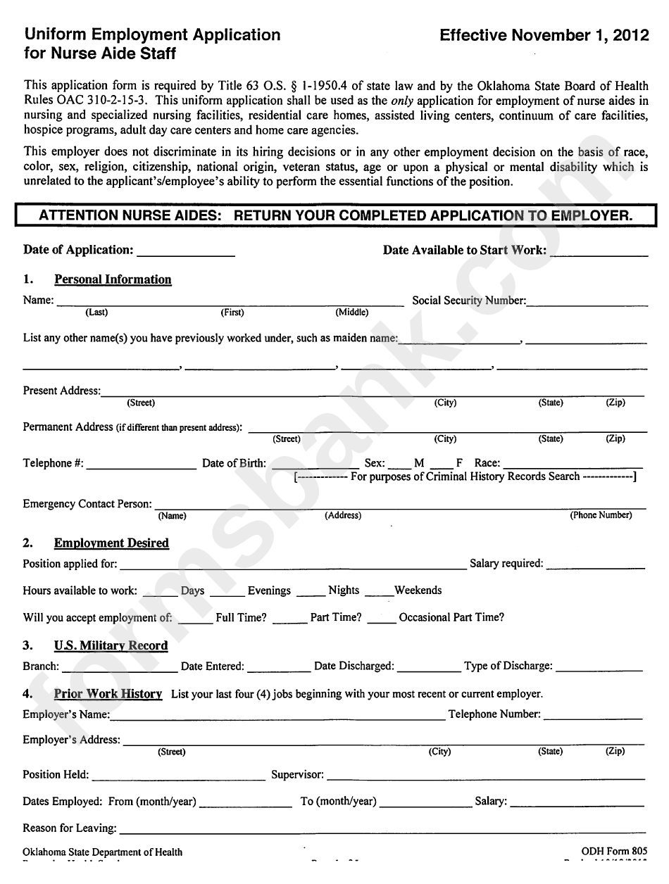 Odh Form 805 - Uniform Employment Application For Nurse Aide Staff - 2012