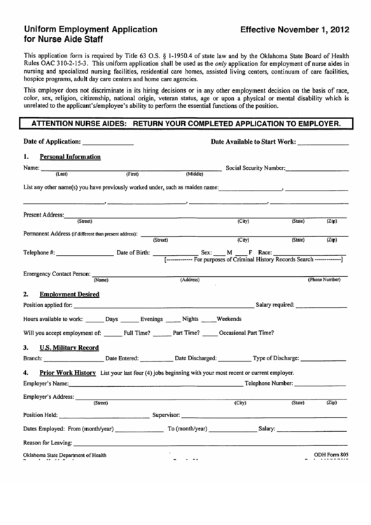 Odh Form 805 - Uniform Employment Application For Nurse Aide Staff - 2012 Printable pdf