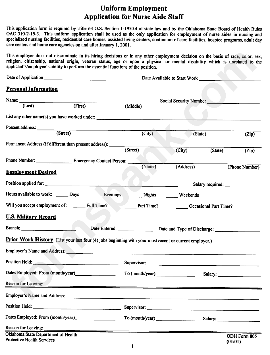 Odh Form 805 - Uniform Employment Application For Nurse Aide Staff