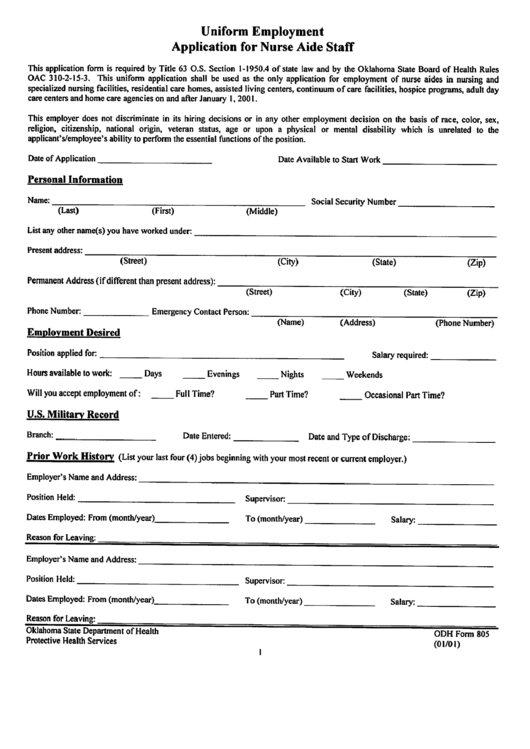 Odh Form 805 - Uniform Employment Application For Nurse Aide Staff Printable pdf