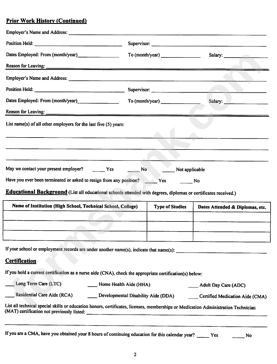 Odh Form 805 - Uniform Employment Application For Nurse Aide Staff