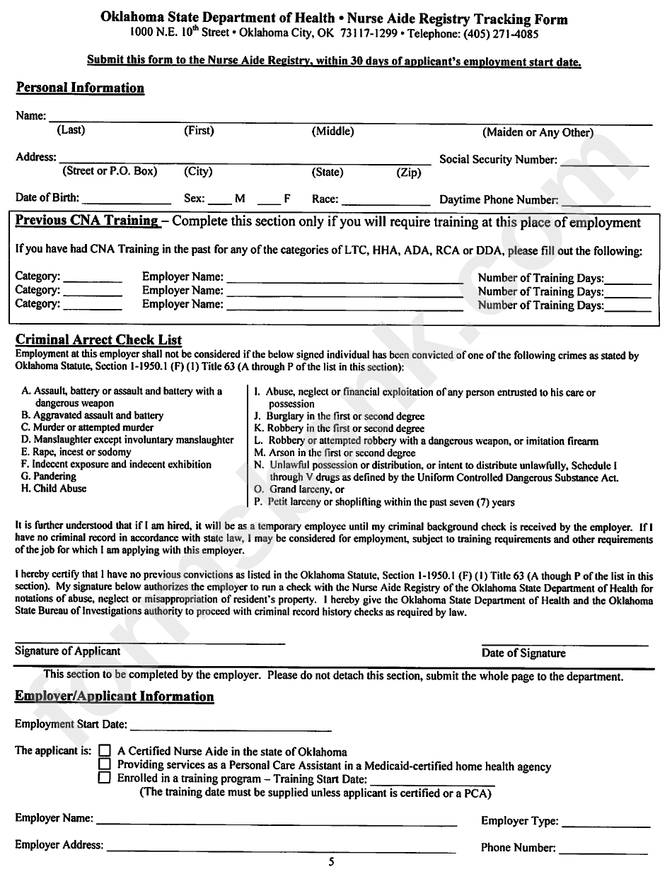 Odh Form 805 - Uniform Employment Application For Nurse Aide Staff