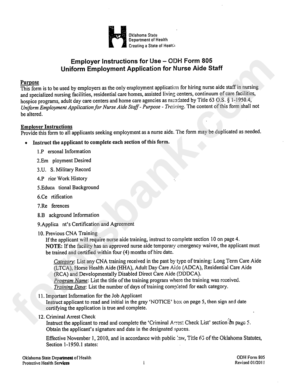 Odh Form 805 - Uniform Employment Application For Nurse Aide Staff