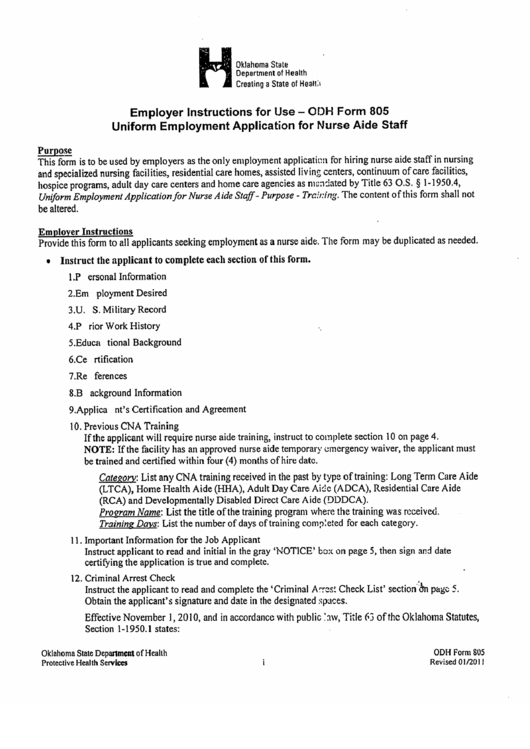 Odh Form 805 - Uniform Employment Application For Nurse Aide Staff Printable pdf