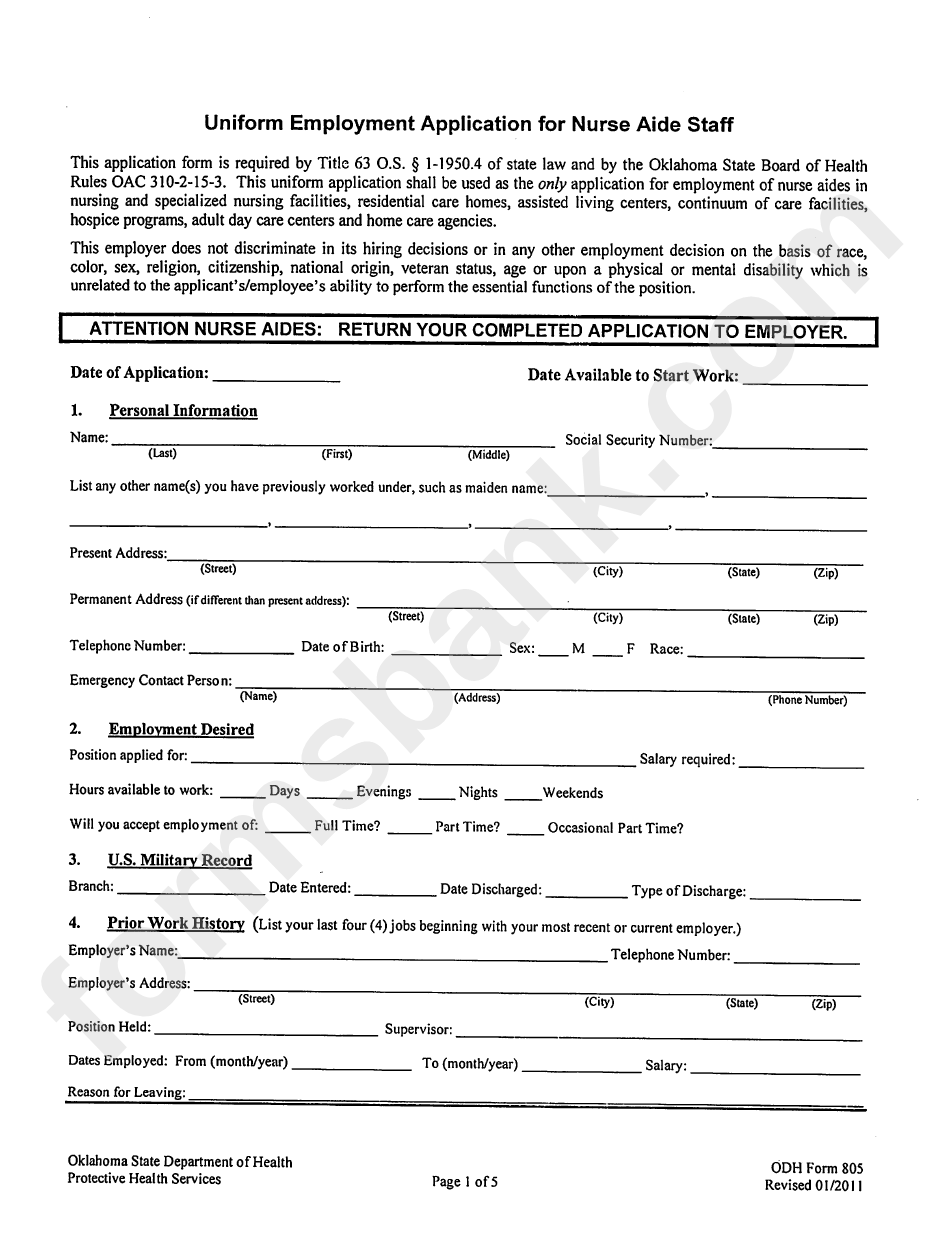 Odh Form 805 - Uniform Employment Application For Nurse Aide Staff