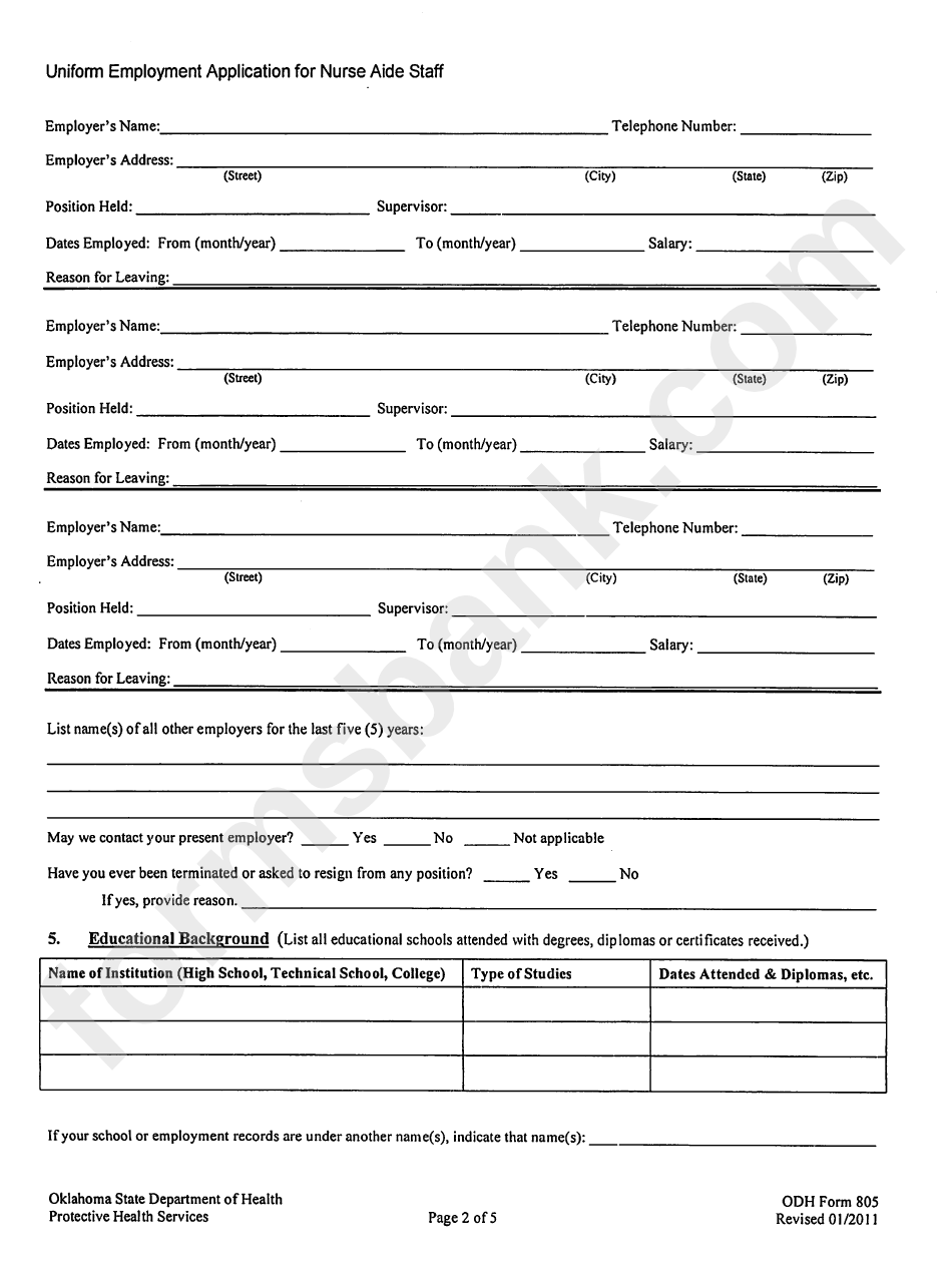 Odh Form 805 - Uniform Employment Application For Nurse Aide Staff