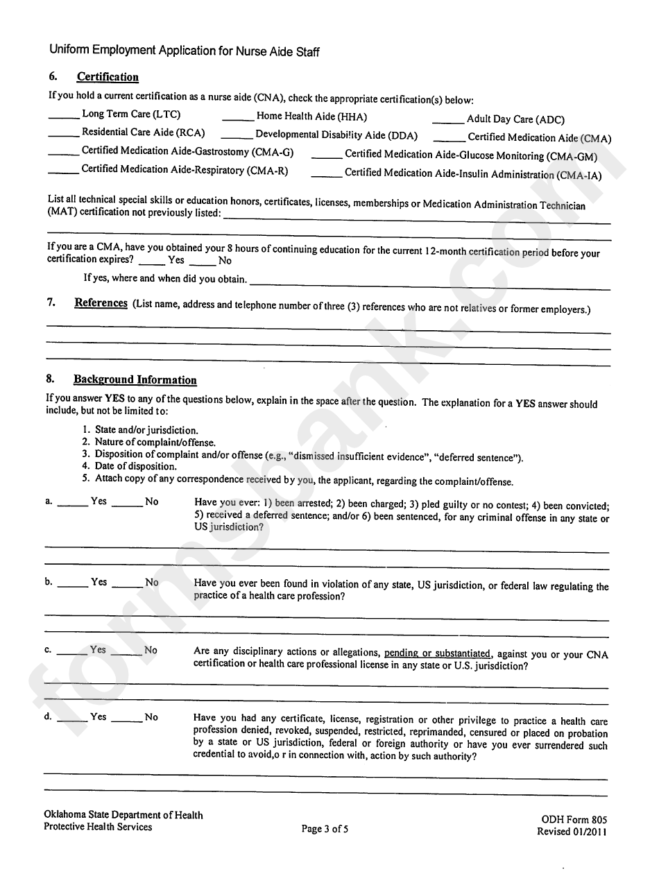 Odh Form 805 - Uniform Employment Application For Nurse Aide Staff