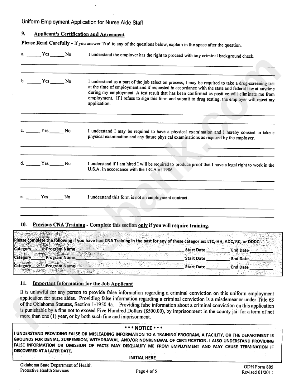 Odh Form 805 - Uniform Employment Application For Nurse Aide Staff