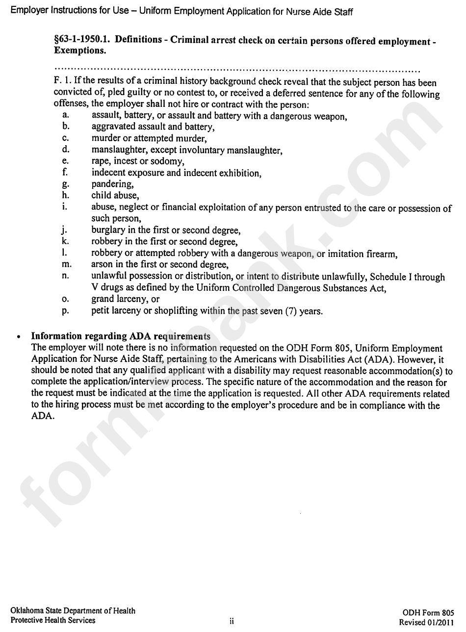 Odh Form 805 - Uniform Employment Application For Nurse Aide Staff