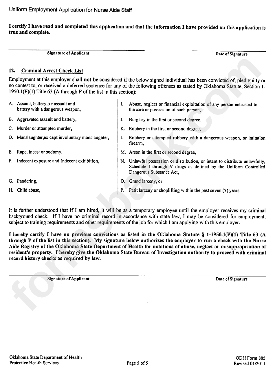 Odh Form 805 - Uniform Employment Application For Nurse Aide Staff