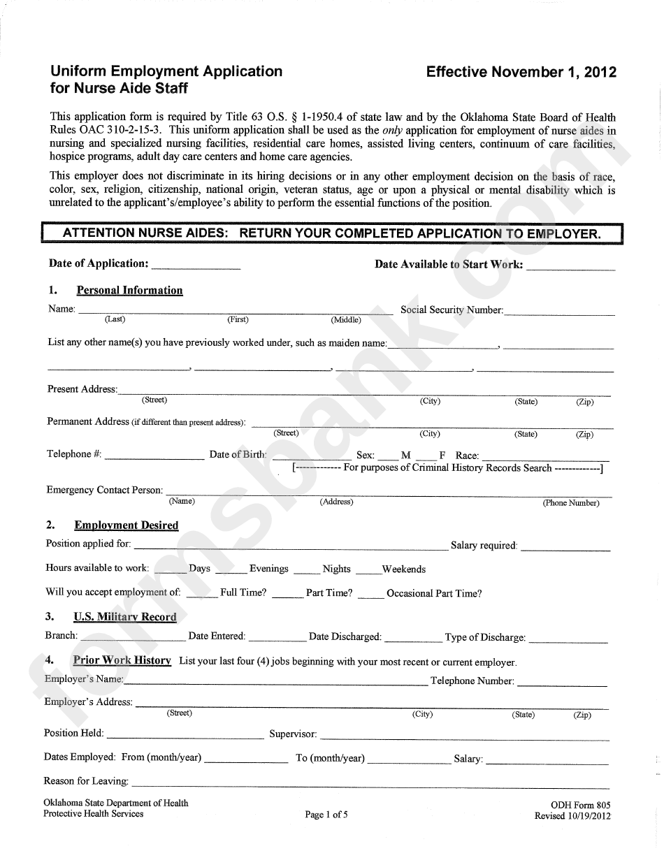 Odh Form 805 - Uniform Employment Application For Nurse Aide Staff - 2012