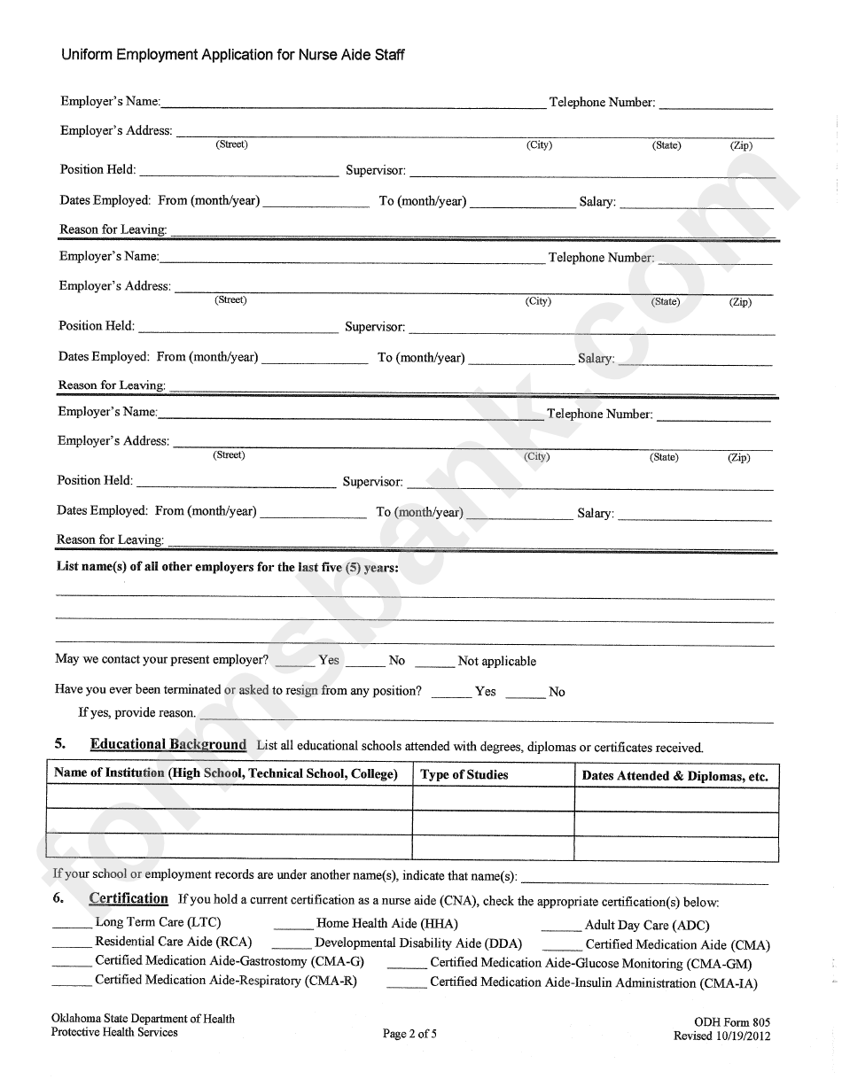 Odh Form 805 - Uniform Employment Application For Nurse Aide Staff - 2012