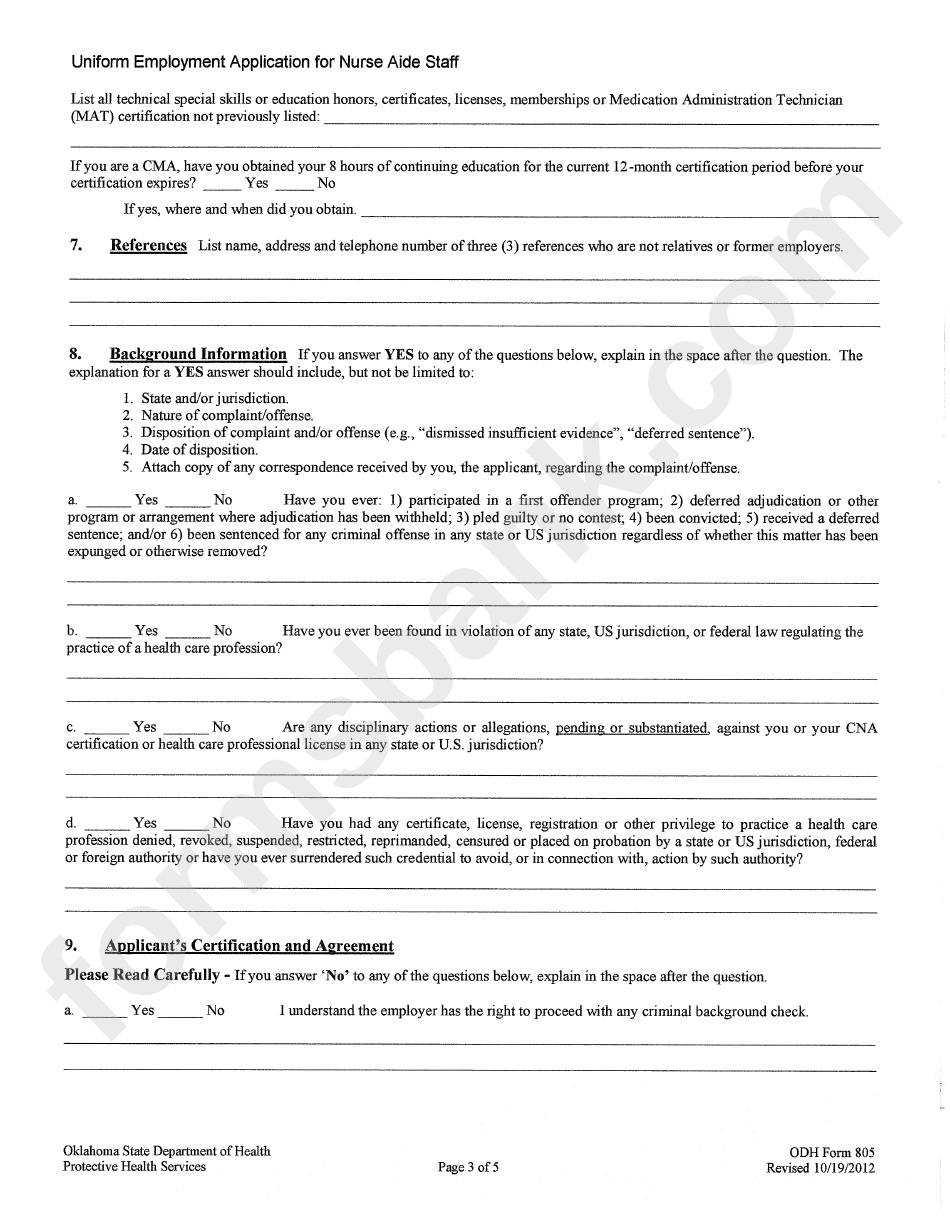 Odh Form 805 - Uniform Employment Application For Nurse Aide Staff - 2012