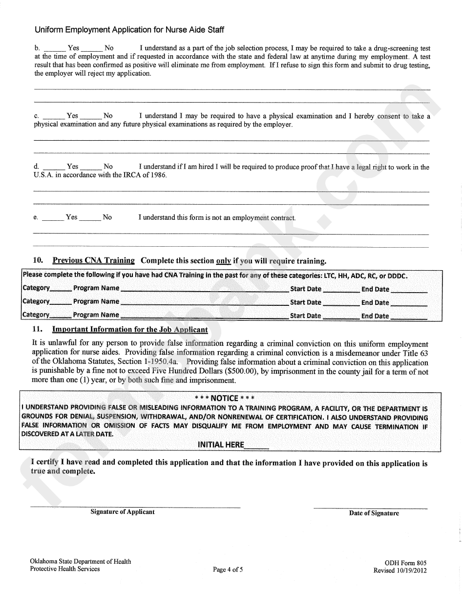 Odh Form 805 - Uniform Employment Application For Nurse Aide Staff - 2012