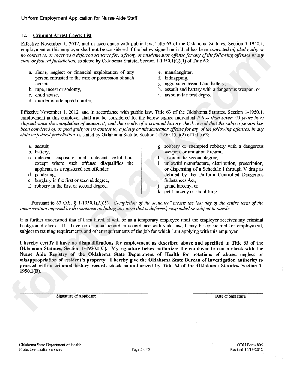 Odh Form 805 - Uniform Employment Application For Nurse Aide Staff - 2012