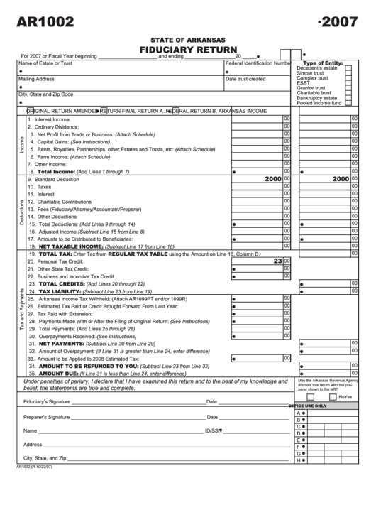 Form Ar1002 - Fiduciary Return - 2007 Printable pdf