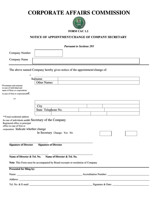 Fillable Form Cac 1.2 - Notice Of Appointment/change Of Company Secretary Printable pdf