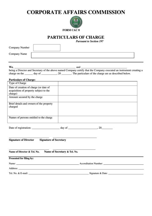 Form Cac 8 - Particulars Of Charge Printable pdf